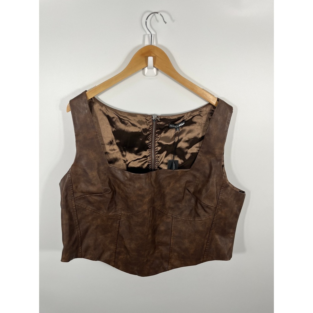 Womens Faux Leather Babydoll Crop Top 3X Brown Ren Faire Peasant Fairy Medieval